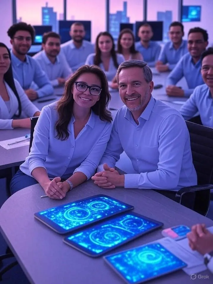 Engineering team gathered around a table of tablets in an office