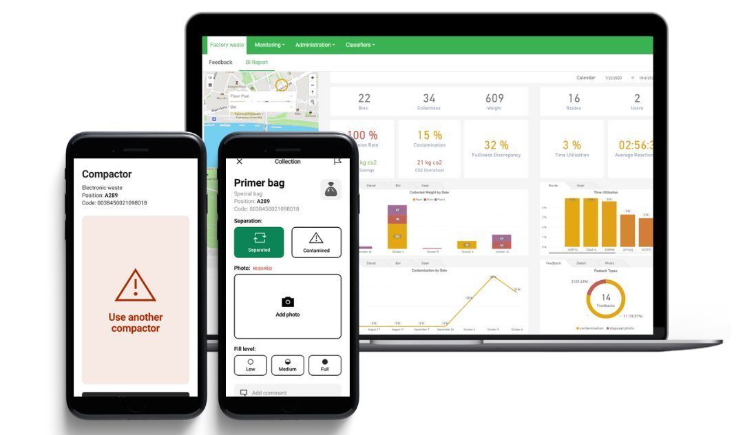 Smart waste management software dashboard on a laptop with the mobile app on two phones